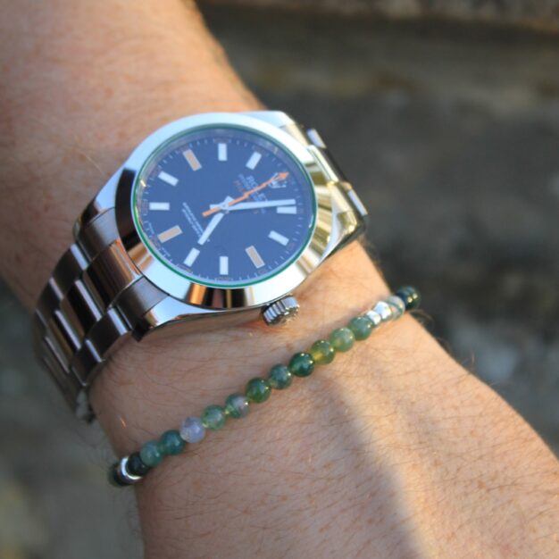 Green Moss Agate and Sterling SIlver Stretchable Beaded Bracelet