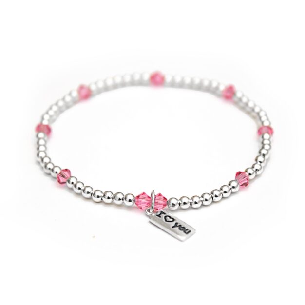 'I Love You' - Light Pink Swarovski crystals & 925 Sterling Silver beaded bracelet