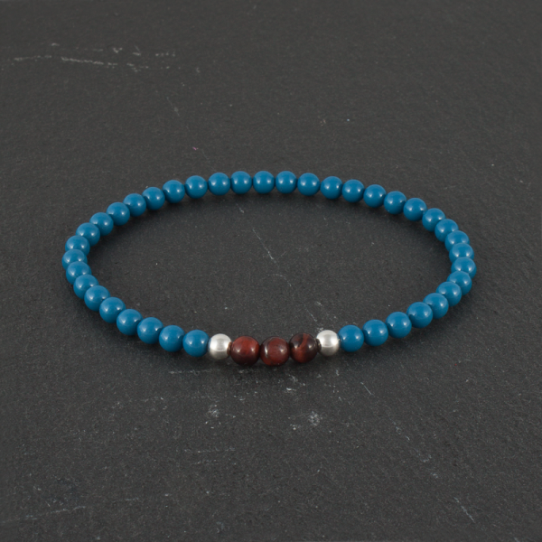 Ocean for men Red Tiger Eye Blue Beads and 925 Sterling Silver Stretch Bracelet