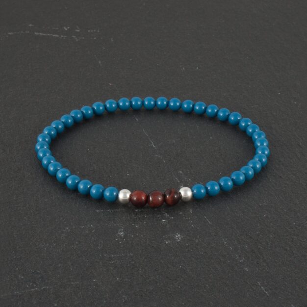 Ocean for men Red Tiger Eye Blue Beads and 925 Sterling Silver Stretch Bracelet