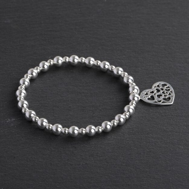 925 Sterling Silver beaded bracelet with heart charm