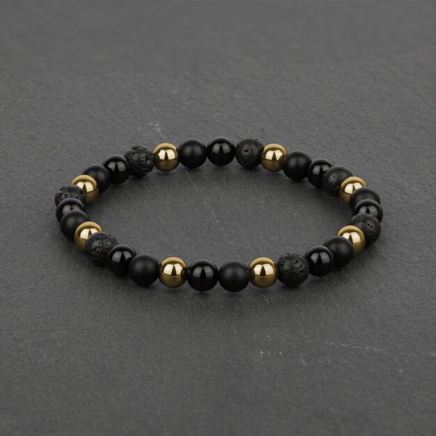 Noir for men Back Onyx, Black Lava and Gold Hematite Beaded Bracelet