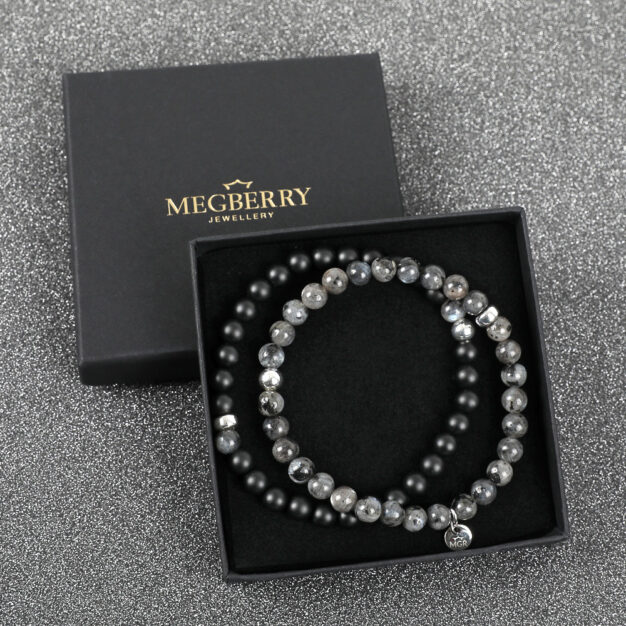 Matt Black Onyx & Norwegian Moonstone Bracelet Gift Set