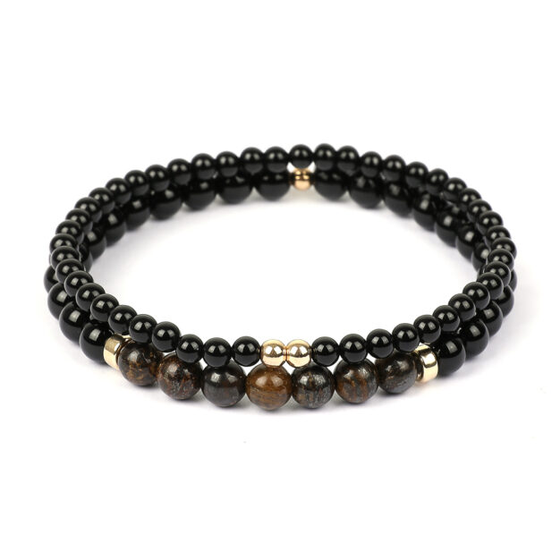 Black Onyx, Bronzite & 14K Gold Bracelet Gift Set