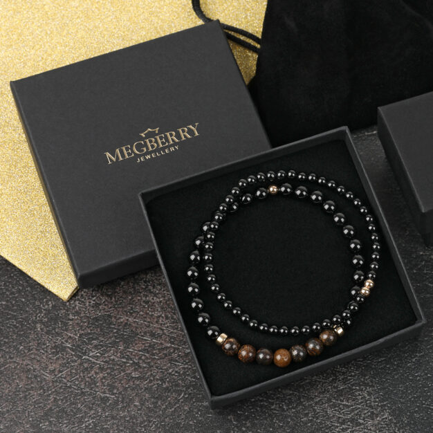 Black Onyx, Bronzite & 14K Gold Bracelet Gift Set